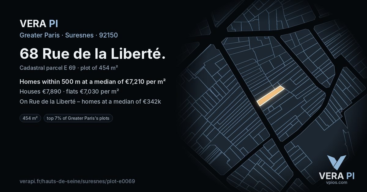 68 Rue de la Liberté, Suresnes at night – the plot lit, the parcels around coloured by the prices near them