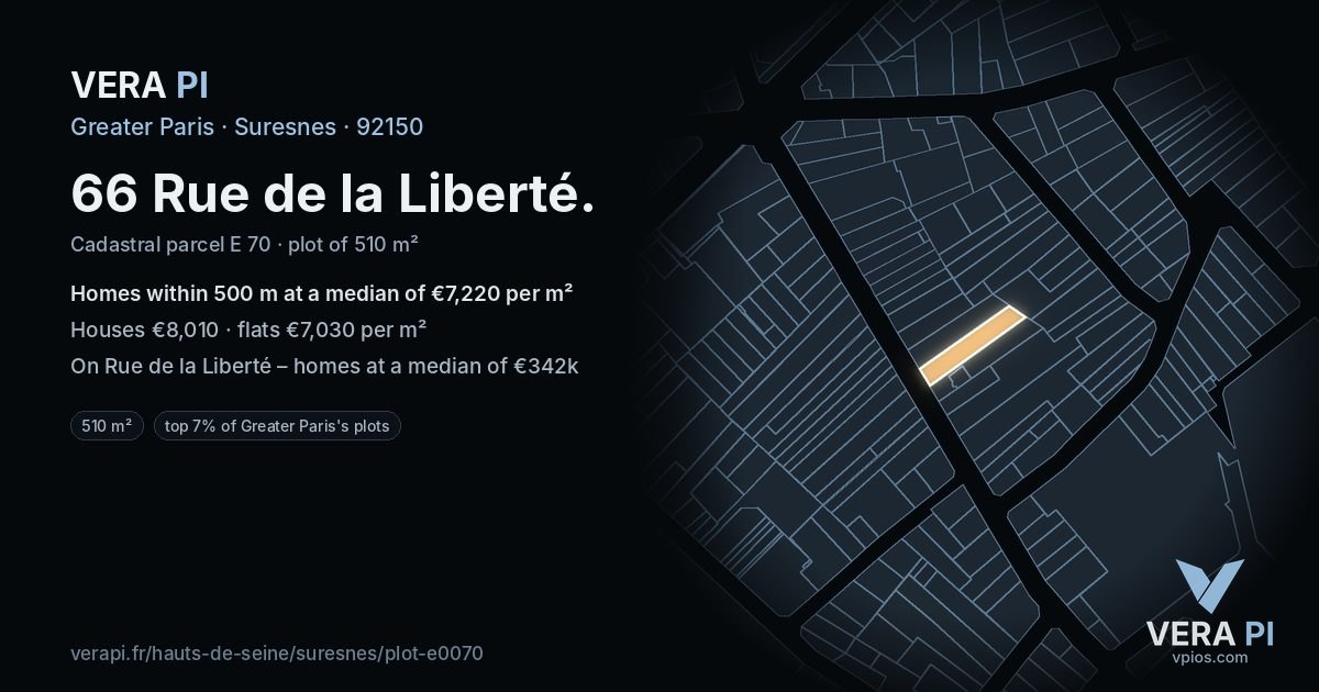 66 Rue de la Liberté, Suresnes at night – the plot lit, the parcels around coloured by the prices near them