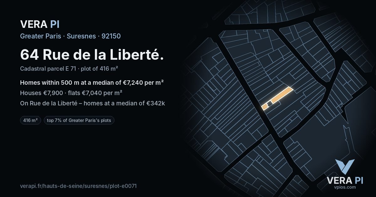 64 Rue de la Liberté, Suresnes at night – the plot lit, the parcels around coloured by the prices near them