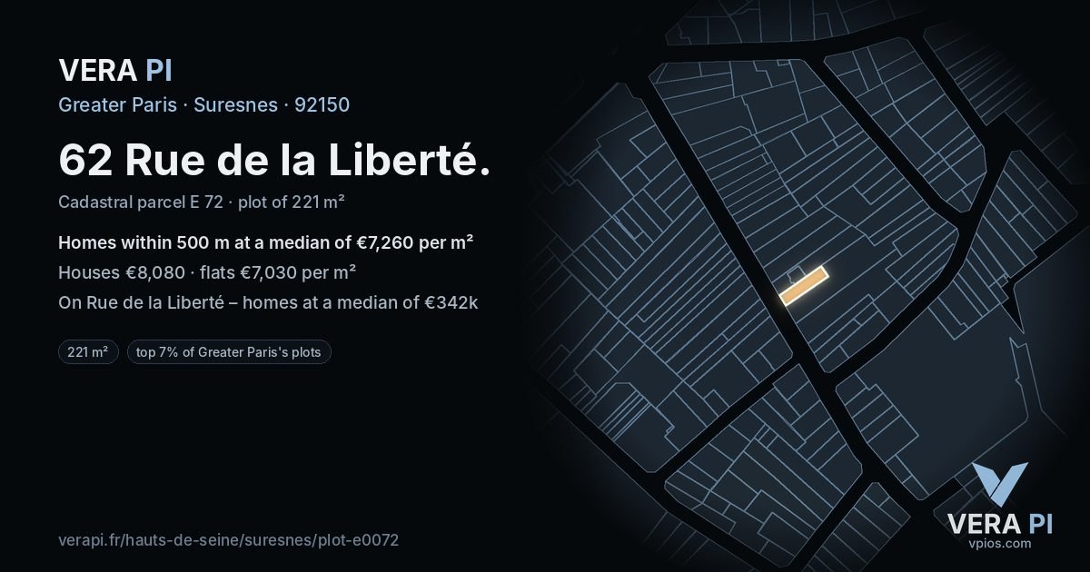 62 Rue de la Liberté, Suresnes at night – the plot lit, the parcels around coloured by the prices near them