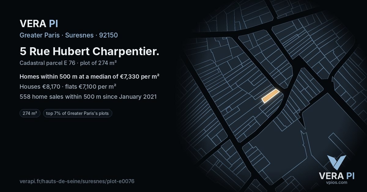 5 Rue Hubert Charpentier, Suresnes at night – the plot lit, the parcels around coloured by the prices near them