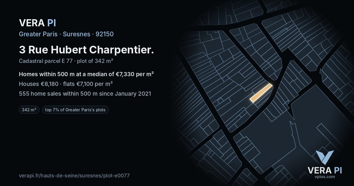 3 Rue Hubert Charpentier, Suresnes at night – the plot lit, the parcels around coloured by the prices near them