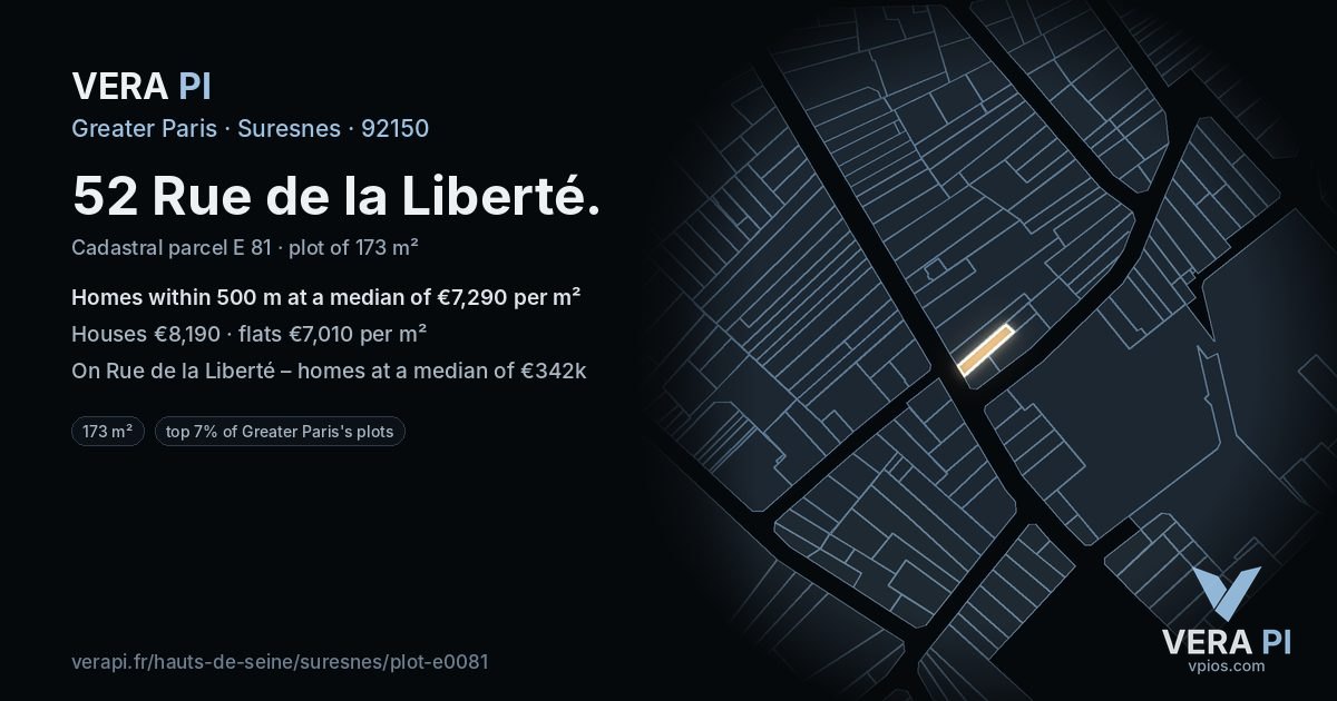 52 Rue de la Liberté, Suresnes at night – the plot lit, the parcels around coloured by the prices near them