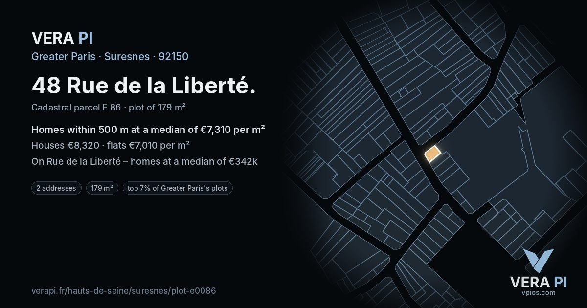 48 Rue de la Liberté, Suresnes at night – the plot lit, the parcels around coloured by the prices near them