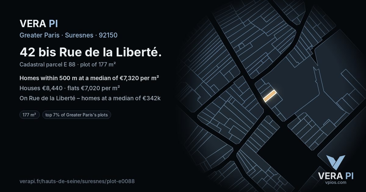 42 bis Rue de la Liberté, Suresnes at night – the plot lit, the parcels around coloured by the prices near them