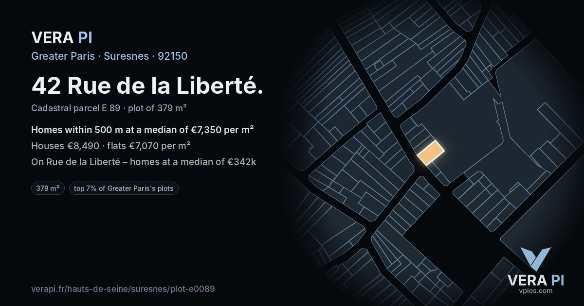 42 Rue de la Liberté, Suresnes at night – the plot lit, the parcels around coloured by the prices near them