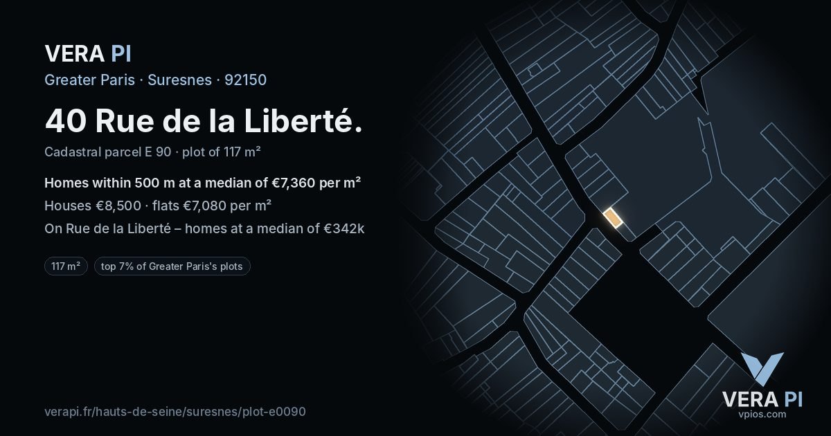 40 Rue de la Liberté, Suresnes at night – the plot lit, the parcels around coloured by the prices near them