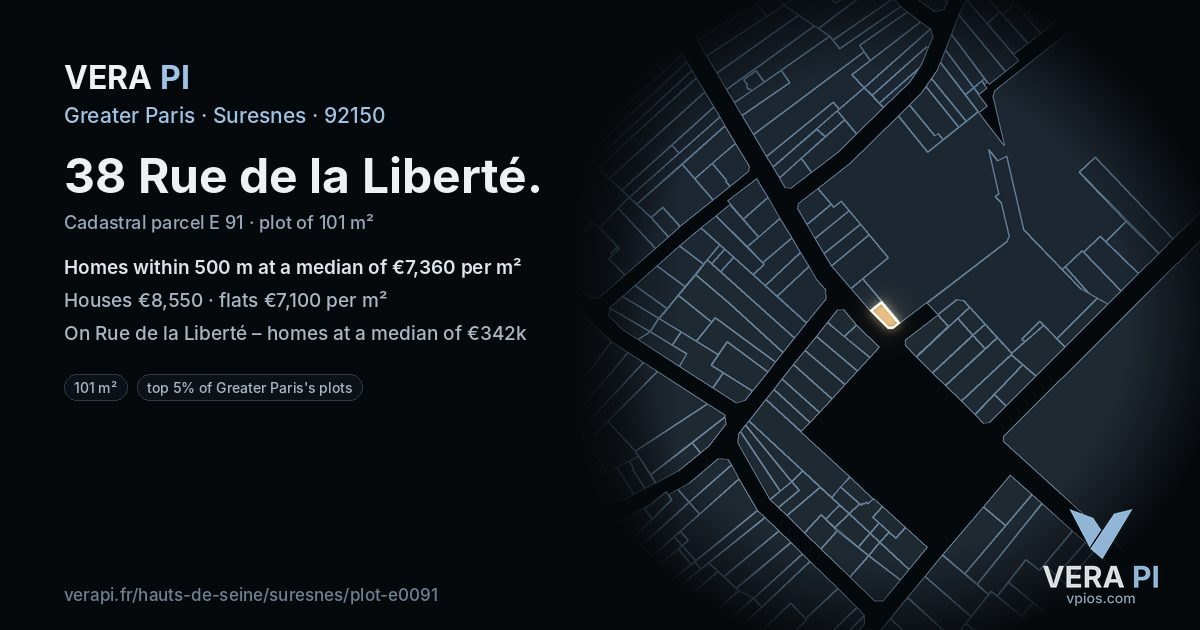 38 Rue de la Liberté, Suresnes at night – the plot lit, the parcels around coloured by the prices near them
