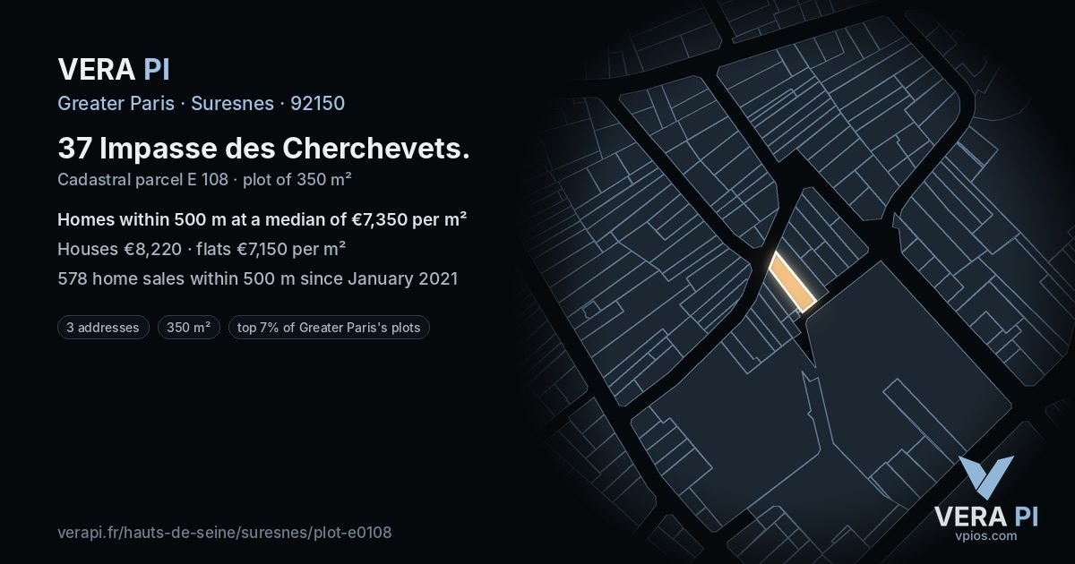 37 Impasse des Cherchevets, Suresnes at night – the plot lit, the parcels around coloured by the prices near them