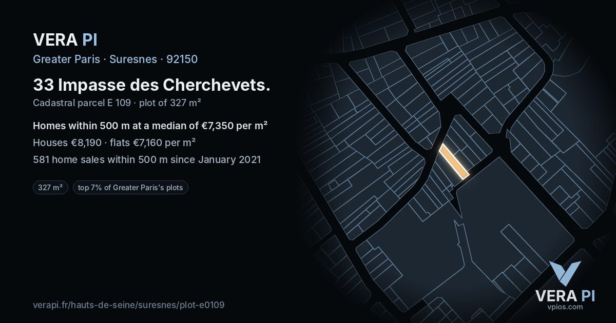 33 Impasse des Cherchevets, Suresnes at night – the plot lit, the parcels around coloured by the prices near them