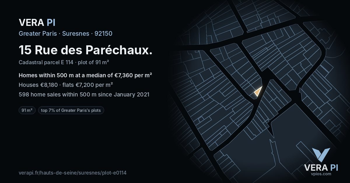 15 Rue des Paréchaux, Suresnes at night – the plot lit, the parcels around coloured by the prices near them
