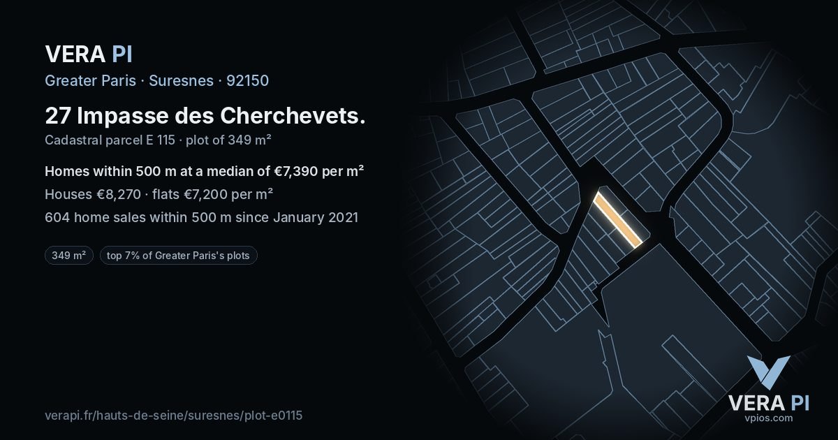 27 Impasse des Cherchevets, Suresnes at night – the plot lit, the parcels around coloured by the prices near them