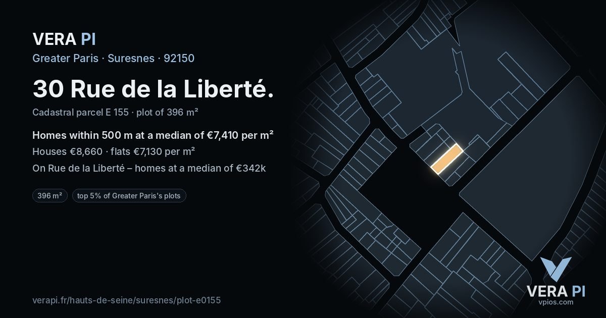 30 Rue de la Liberté, Suresnes at night – the plot lit, the parcels around coloured by the prices near them