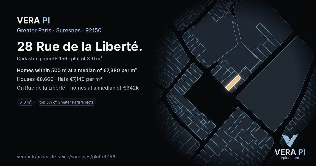 28 Rue de la Liberté, Suresnes at night – the plot lit, the parcels around coloured by the prices near them