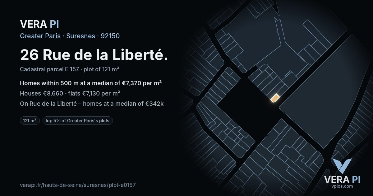 26 Rue de la Liberté, Suresnes at night – the plot lit, the parcels around coloured by the prices near them