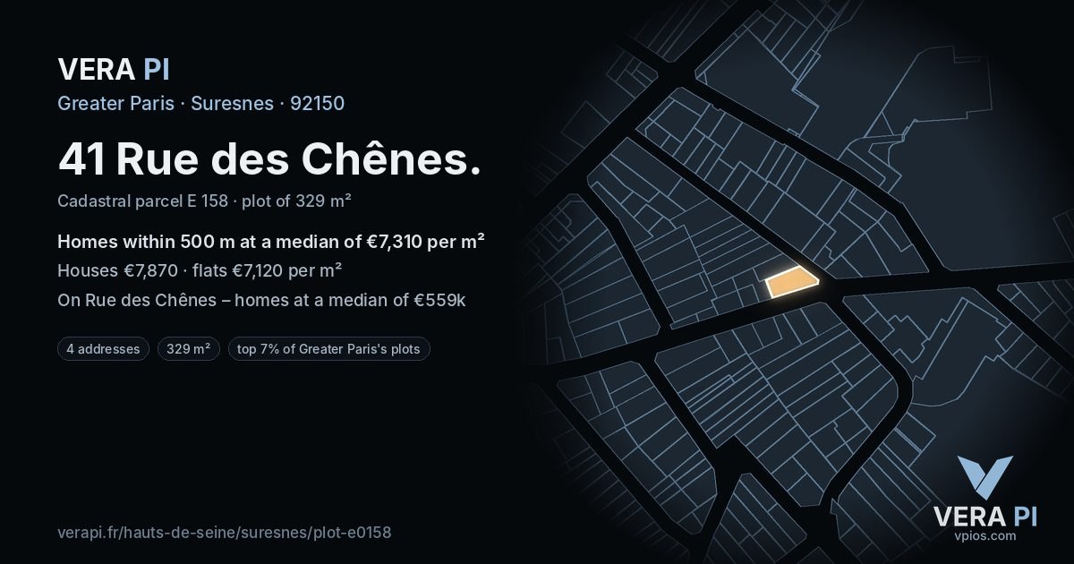 41 Rue des Chênes, Suresnes at night – the plot lit, the parcels around coloured by the prices near them