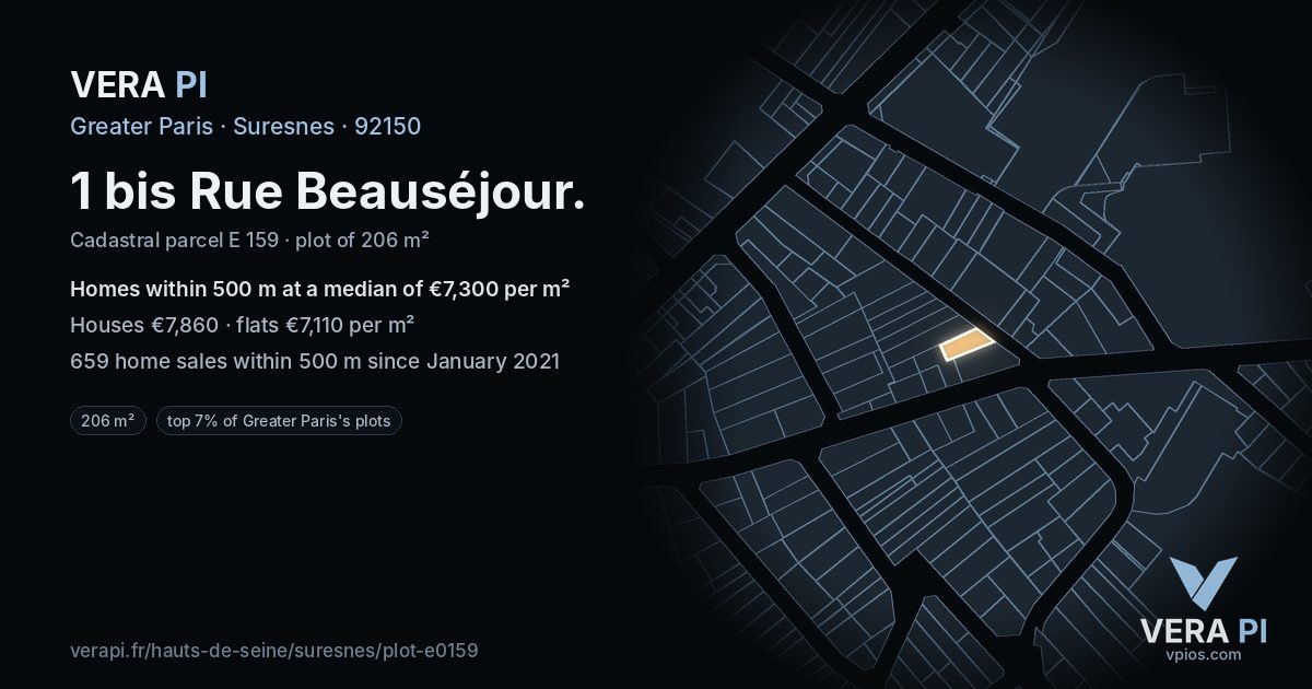 1 bis Rue Beauséjour, Suresnes at night – the plot lit, the parcels around coloured by the prices near them