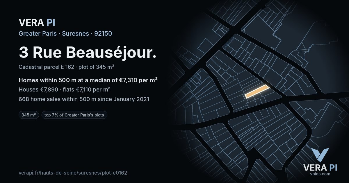 3 Rue Beauséjour, Suresnes at night – the plot lit, the parcels around coloured by the prices near them