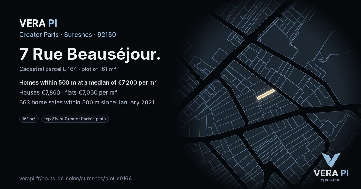 7 Rue Beauséjour, Suresnes at night – the plot lit, the parcels around coloured by the prices near them