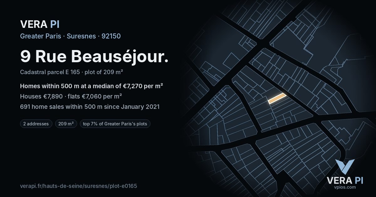 9 Rue Beauséjour, Suresnes at night – the plot lit, the parcels around coloured by the prices near them