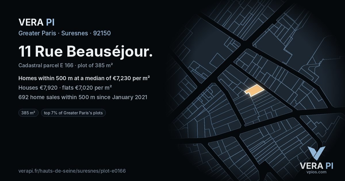 11 Rue Beauséjour, Suresnes at night – the plot lit, the parcels around coloured by the prices near them