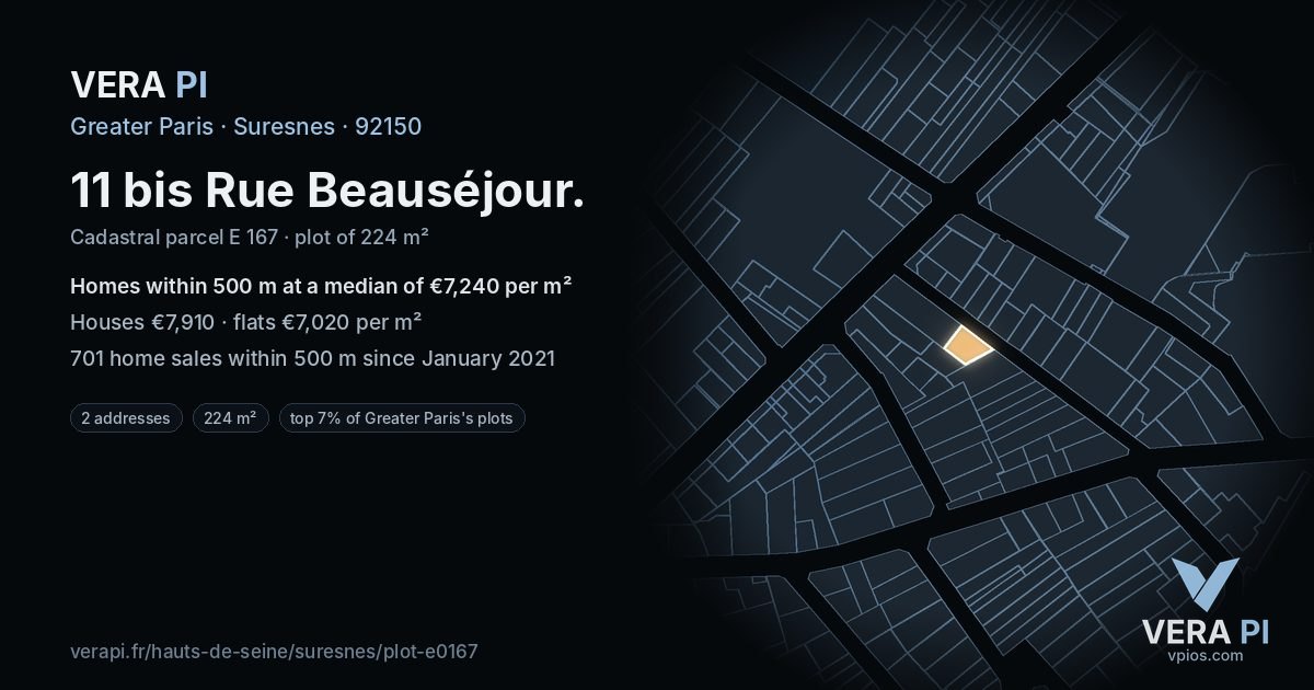11 bis Rue Beauséjour, Suresnes at night – the plot lit, the parcels around coloured by the prices near them