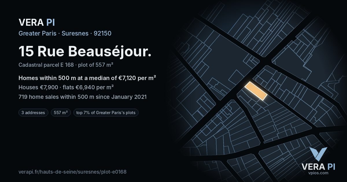 15 Rue Beauséjour, Suresnes at night – the plot lit, the parcels around coloured by the prices near them