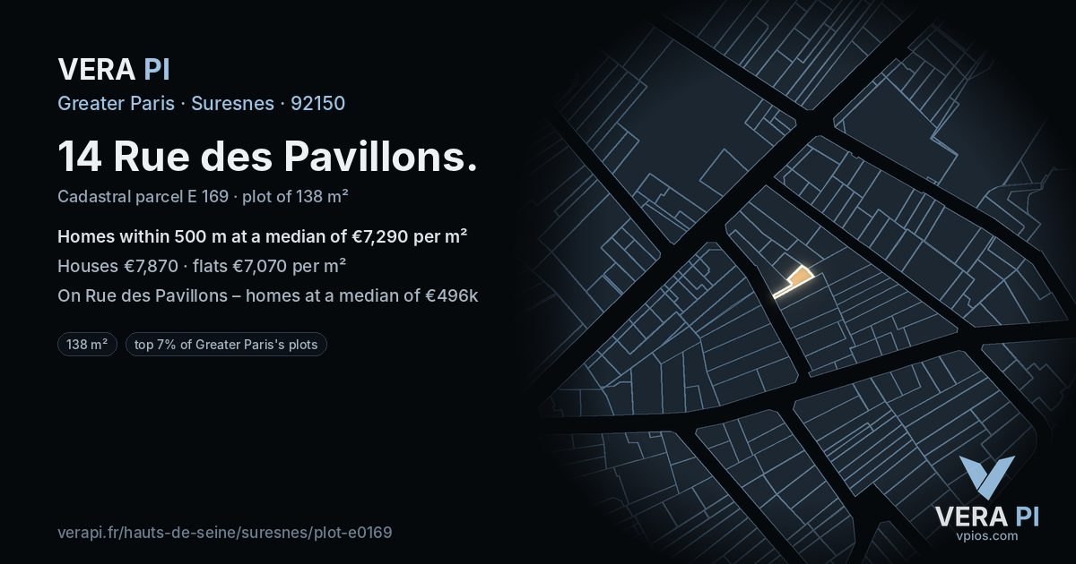 14 Rue des Pavillons, Suresnes at night – the plot lit, the parcels around coloured by the prices near them