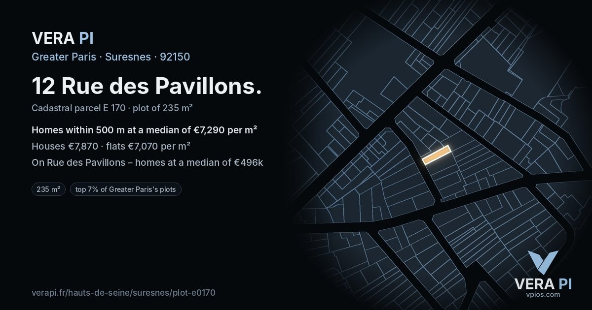 12 Rue des Pavillons, Suresnes at night – the plot lit, the parcels around coloured by the prices near them