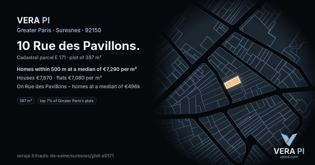 10 Rue des Pavillons, Suresnes at night – the plot lit, the parcels around coloured by the prices near them
