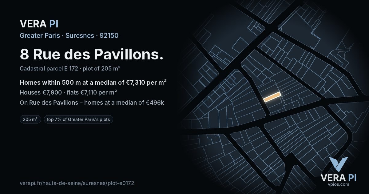 8 Rue des Pavillons, Suresnes at night – the plot lit, the parcels around coloured by the prices near them