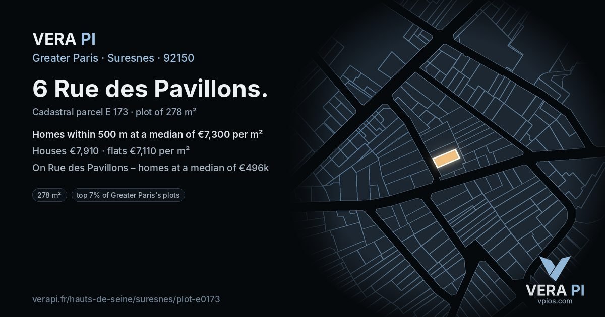 6 Rue des Pavillons, Suresnes at night – the plot lit, the parcels around coloured by the prices near them
