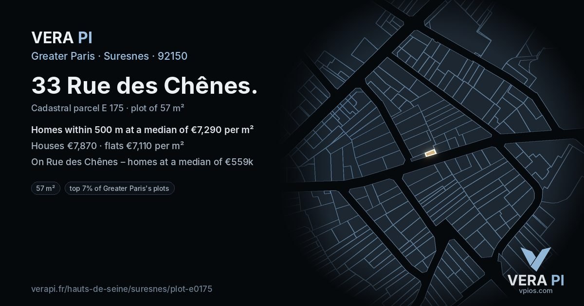 33 Rue des Chênes, Suresnes at night – the plot lit, the parcels around coloured by the prices near them