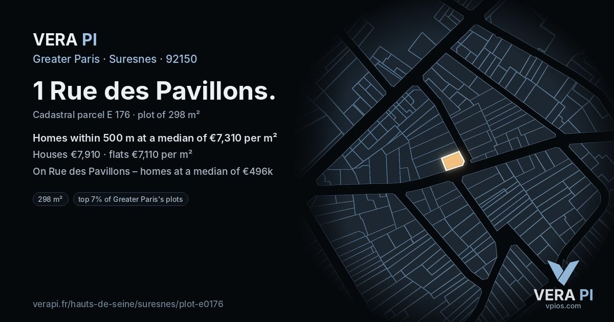 1 Rue des Pavillons, Suresnes at night – the plot lit, the parcels around coloured by the prices near them