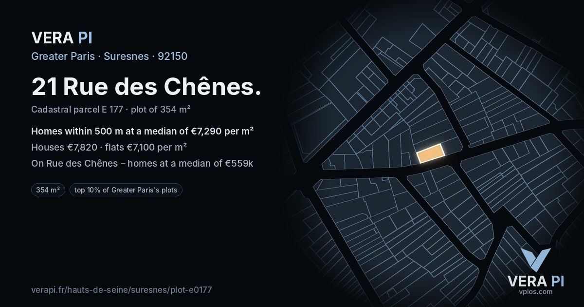 21 Rue des Chênes, Suresnes at night – the plot lit, the parcels around coloured by the prices near them