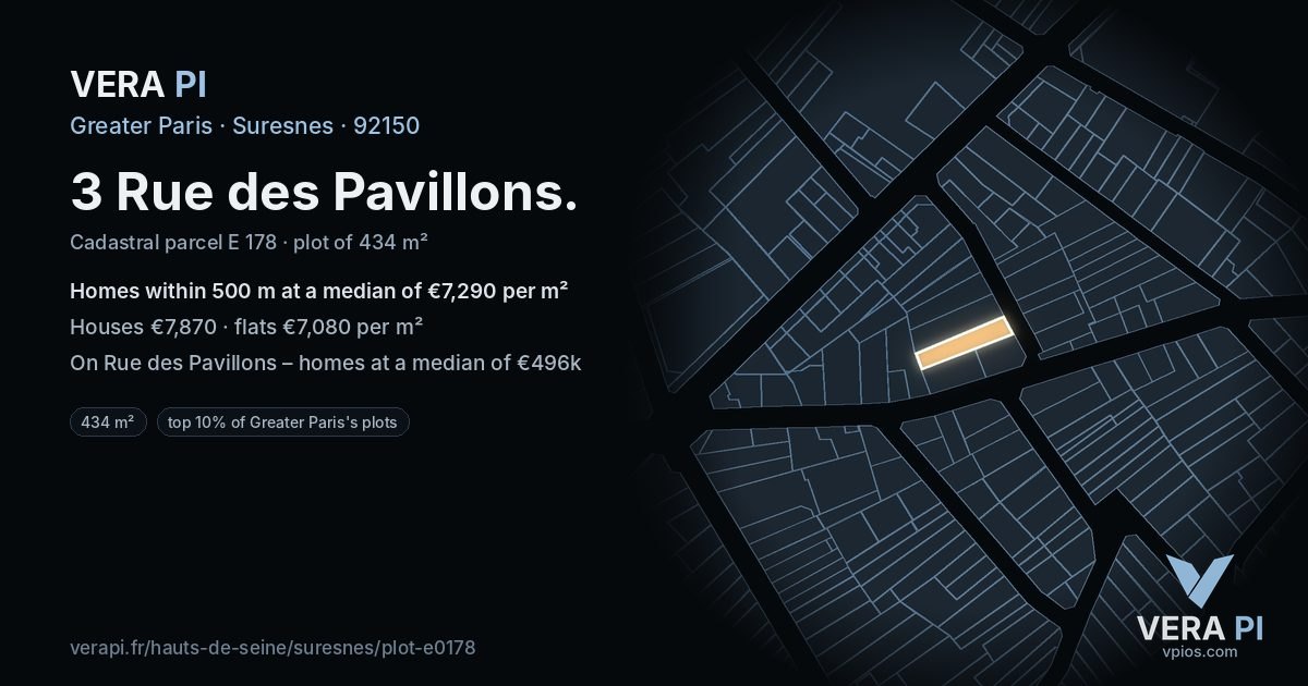 3 Rue des Pavillons, Suresnes at night – the plot lit, the parcels around coloured by the prices near them