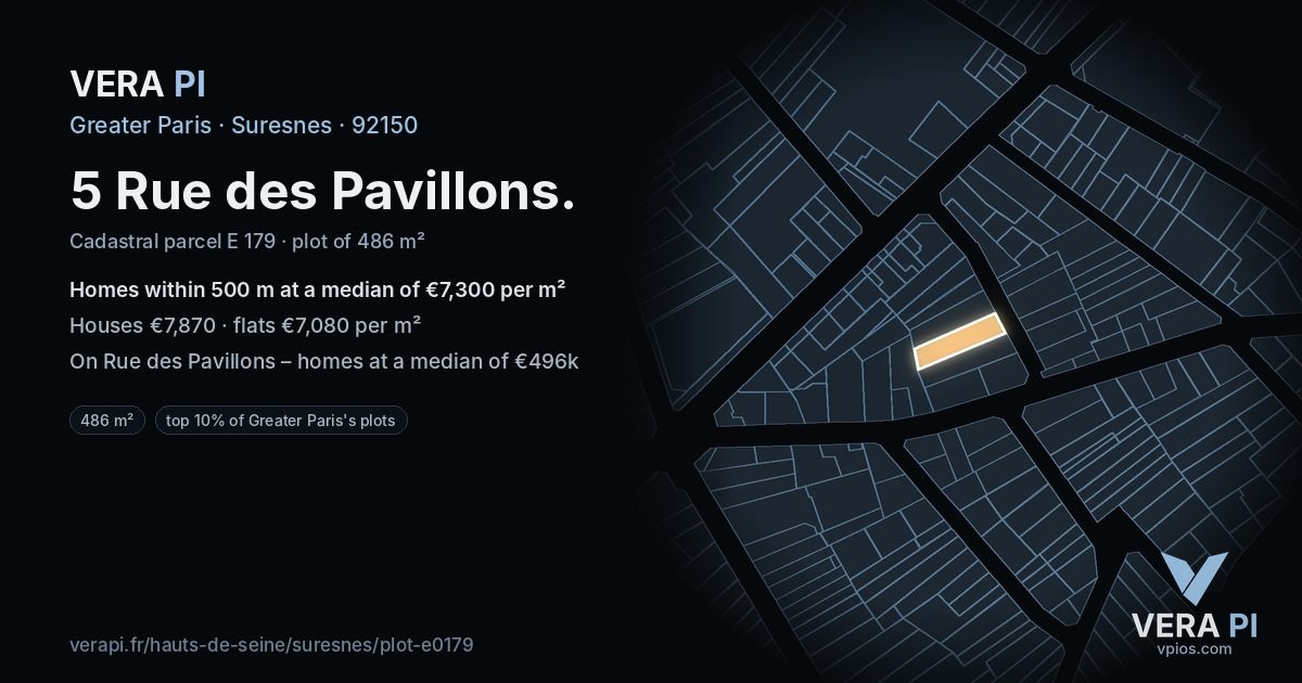5 Rue des Pavillons, Suresnes at night – the plot lit, the parcels around coloured by the prices near them