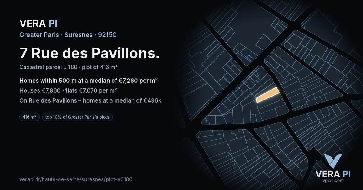 7 Rue des Pavillons, Suresnes at night – the plot lit, the parcels around coloured by the prices near them