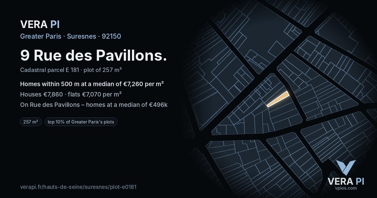 9 Rue des Pavillons, Suresnes at night – the plot lit, the parcels around coloured by the prices near them