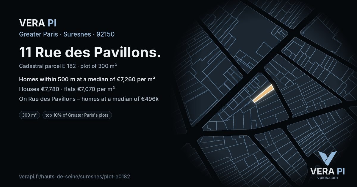 11 Rue des Pavillons, Suresnes at night – the plot lit, the parcels around coloured by the prices near them