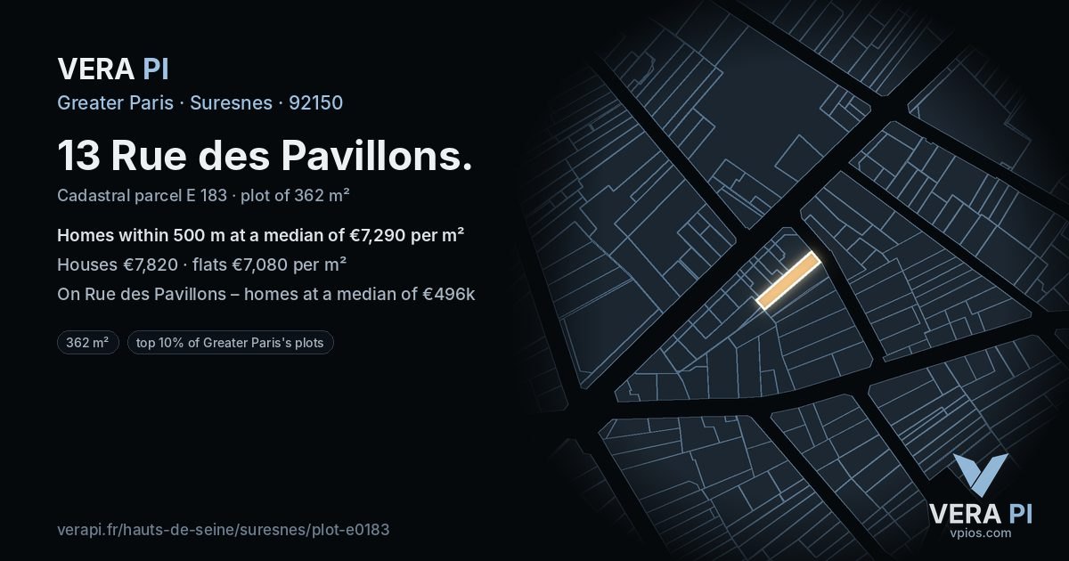 13 Rue des Pavillons, Suresnes at night – the plot lit, the parcels around coloured by the prices near them