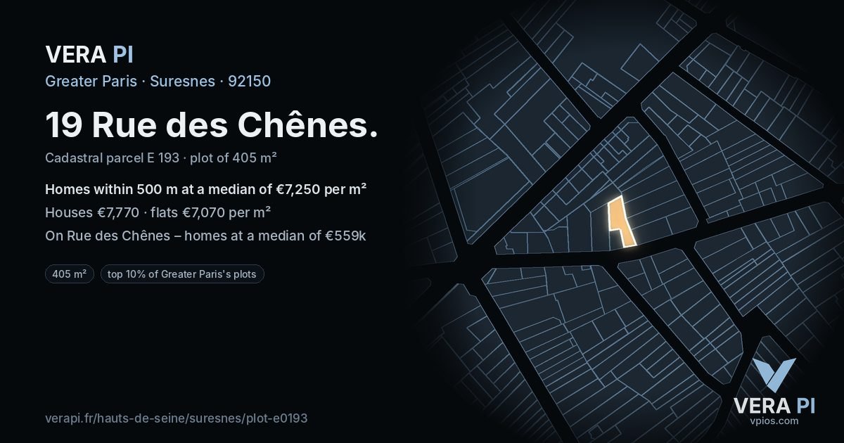 19 Rue des Chênes, Suresnes at night – the plot lit, the parcels around coloured by the prices near them