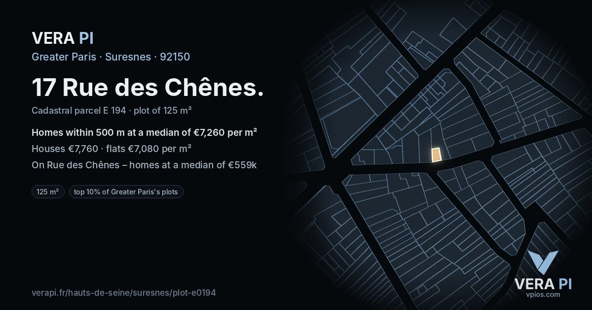 17 Rue des Chênes, Suresnes at night – the plot lit, the parcels around coloured by the prices near them
