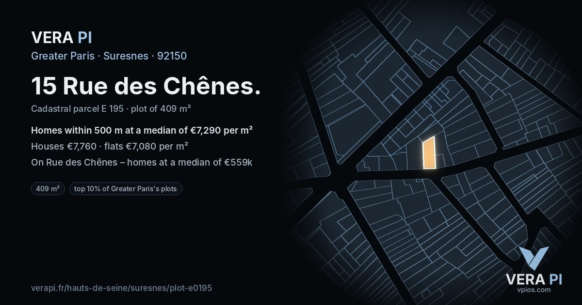 15 Rue des Chênes, Suresnes at night – the plot lit, the parcels around coloured by the prices near them