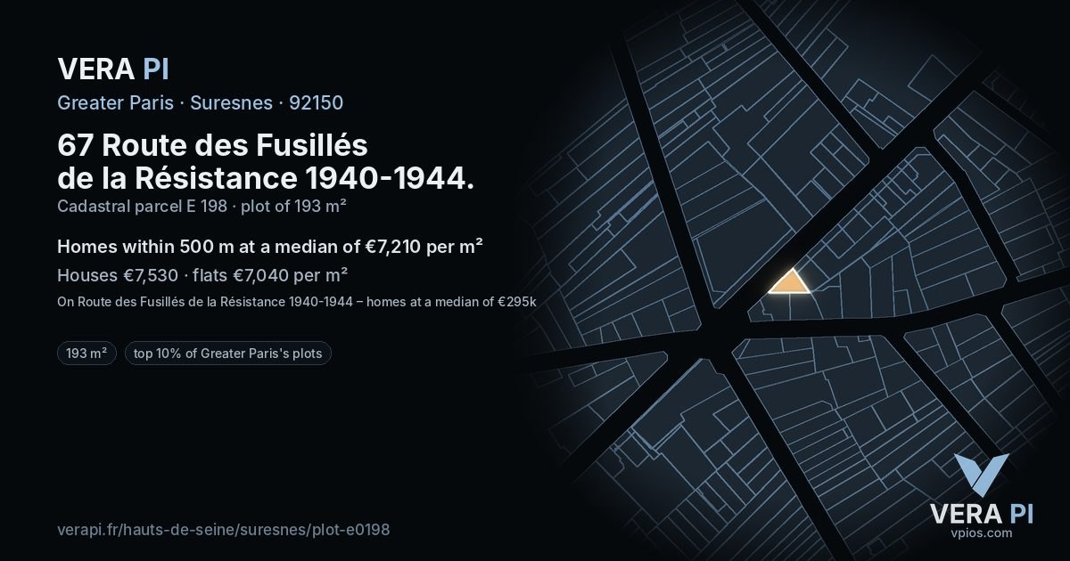 67 Route des Fusillés de la Résistance 1940-1944, Suresnes at night – the plot lit, the parcels around coloured by the prices near them