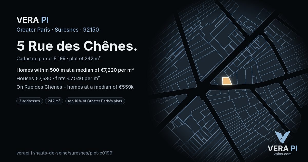5 Rue des Chênes, Suresnes at night – the plot lit, the parcels around coloured by the prices near them