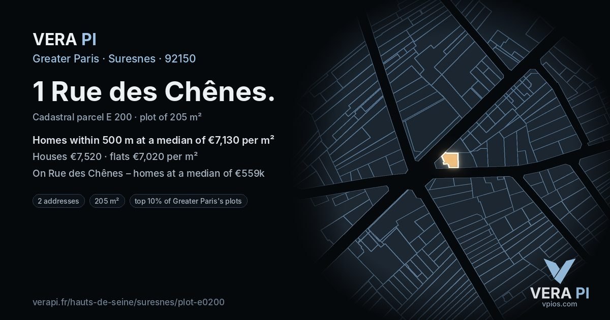 1 Rue des Chênes, Suresnes at night – the plot lit, the parcels around coloured by the prices near them