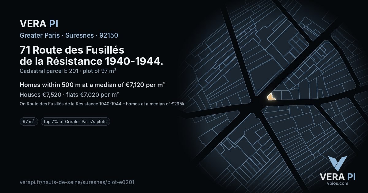 71 Route des Fusillés de la Résistance 1940-1944, Suresnes at night – the plot lit, the parcels around coloured by the prices near them
