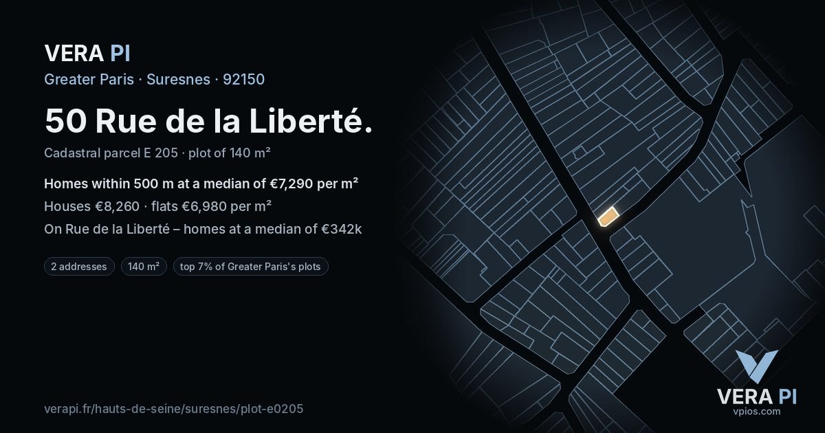 50 Rue de la Liberté, Suresnes at night – the plot lit, the parcels around coloured by the prices near them