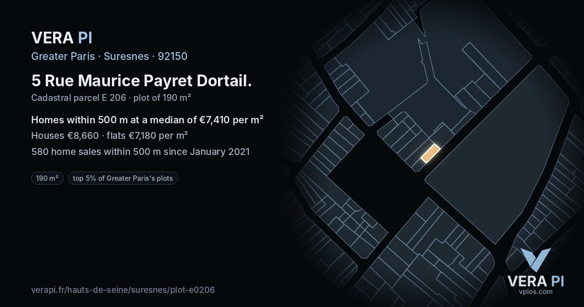 5 Rue Maurice Payret Dortail, Suresnes at night – the plot lit, the parcels around coloured by the prices near them